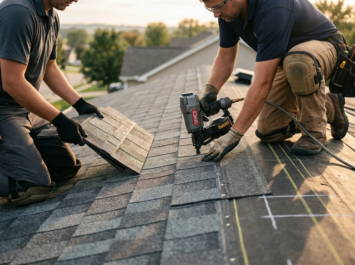 Professional roofer working on a residential roof in Kalkaska